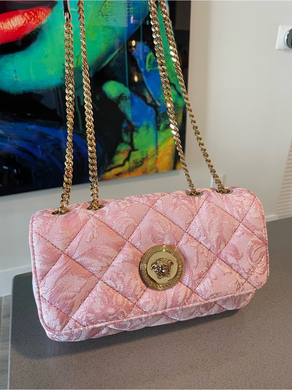 Versace Quilted Pink Chain Crossbody Shoulder Bag with Medusa Emblem